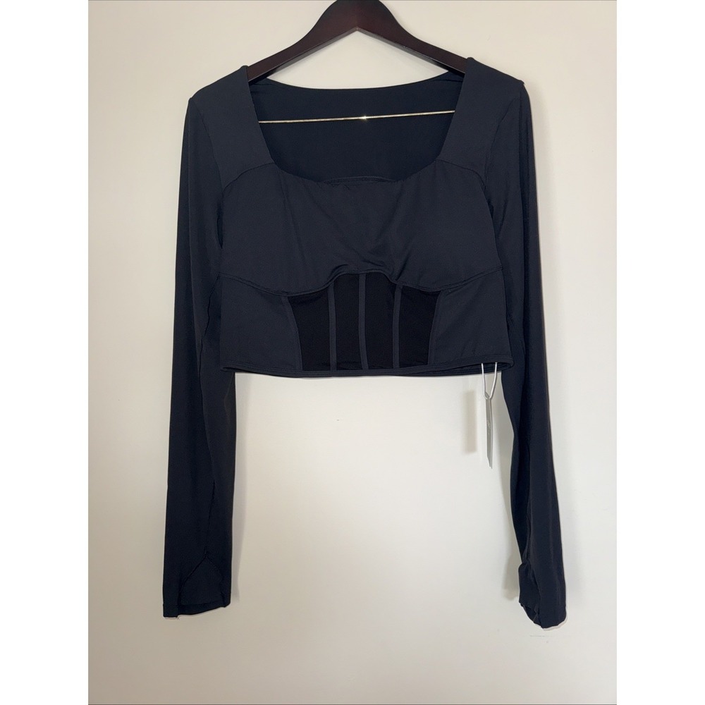Halara Top womens XL Black Long Sleeve Crop Top Ribbed Thumb Holes Yoga‎